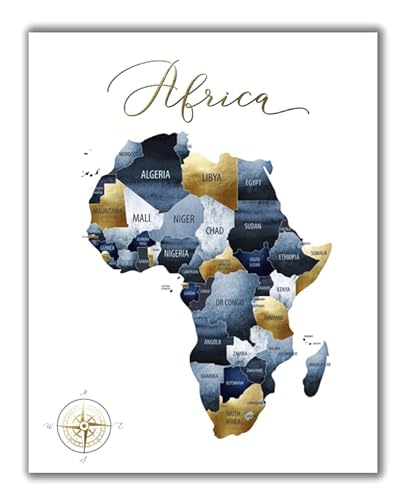 ShopHaven Decoração africana, mapa da África, arte de parede, azul marinho continente africano e dourado, 11 x 14 polegadas, sem moldura, decoração para escritório, casa, quarto, presente