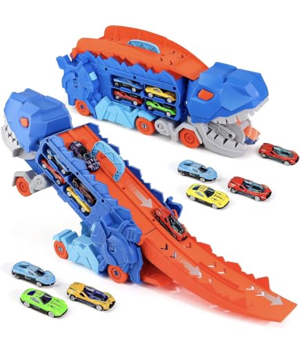 Image of Big Size Dinosaur Truck + Track Set with 8 die-cast Cars Big Hauler Truck Toys for Kids Dinosaur Car Carrier - Deformation into Race Track Gift for Boys Ages 3-6