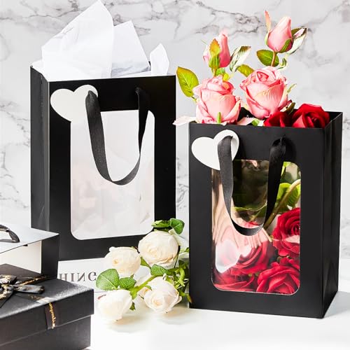 Ocmoiy 12 Pcs Black Kraft Paper Gift Bags with Window, 9.8\"x7.1\"x5.1\" Transparent Window t Gift Bags with Handles for Birthday, Weddings, Festival Party Favor Goodie Bags