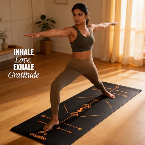 Image of WiseLife Boho Alignment 8mm Yoga Mat with Strap | Non-Slip Thick Exercise Mat for Yoga, Pilates, Gym & Flexibility Training (Black)