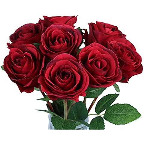 Tinsow Artificial Roses Flowers with 8 Heads for Flower Arrangement, Silk Latex Rose Bouquet for Home Decoration, Faux Roses for Valentine's Day Parties and Wedding Decoration (Red, 8) Cover