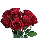Tinsow Artificial Roses Flowers with 8 Heads for Flower Arrangement, Silk Latex Rose Bouquet for Home Decoration, Faux Roses for Valentine's Day Parties and Wedding Decoration (Red, 8)