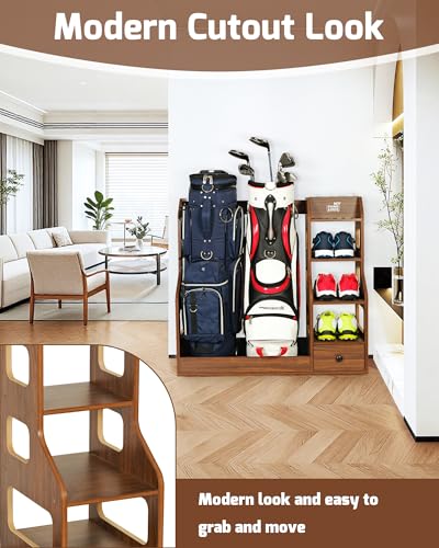 Image of Mythinglogic Wooden Golf Bag Storage Rack for 2 Bags with Drawer