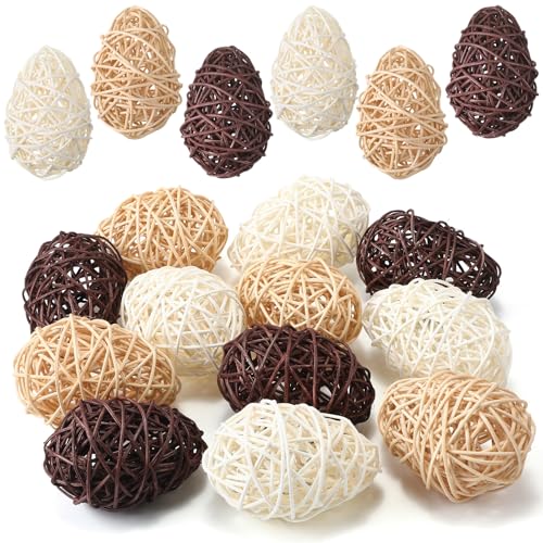 Vicenpal 12 Pcs Easter Rattan Eggs Farmhouse Style Rustic Woven Egg Decor 3.74 Inches Decorative Eggs for Easter Vase Filler Tray Decor Bowl Centerpiece(Natural Color)