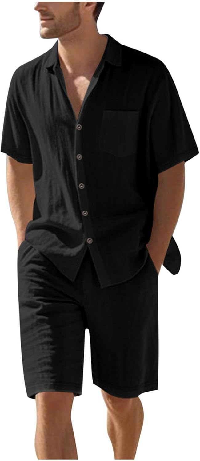 Cambkatl Men's Cotton Linen 2 Piece Outfits Loose Button Down Short Sleeve Shirts and Shorts Summer Travel Tracksuit Sets