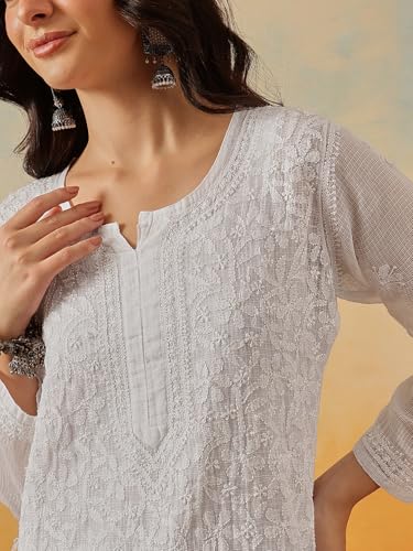 Image of Ada Women's Cotton Blend Regular Fit Tunic Hand Embroidered Lucknowi Chikankari Kota Western Top Kurti With Slip A911184