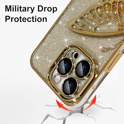 Image of SHINESTAR 3D Butterfly Case for iPhone 15 Pro Max Cover, Cute Girly Glitter Bling Luxury Back Cover for Women Girls Protective Shockproof Slim Camera Protection for iPhone 15 Pro Max - Gold