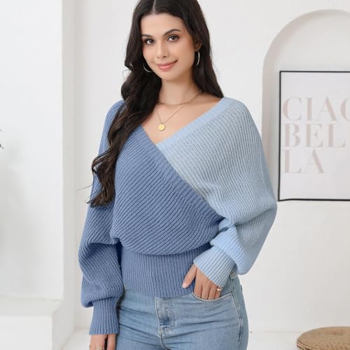 Image of Women's Wrap V Neck Knit Sweaters Batwing Long Sleeve Cross Front Drop Shoulder Fall Pullover Tops