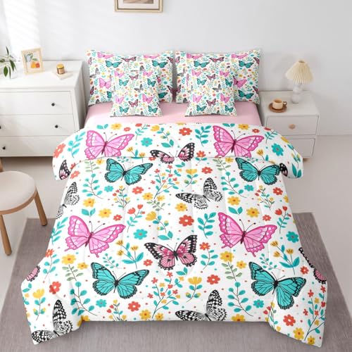 Image of Erosebridal Colorful Butterflies 7 Pieces Bedding Set Full,Cartoon Floral Bed in a Bag,Flying Butterfly Bed Set Includes Comforter,Sheet Set,Pillowcases & Pillow Covers,Garden Flower Bedroom Decor