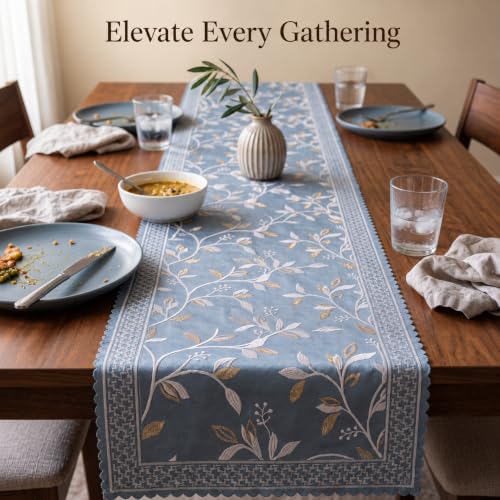 Image of Premium Embroidered Dining Table Runner 6 Seater | Washable Heat Resistant Fabric | Cotton-Silk Blend | Fits 4 & 8 Seater Dining Table | Centre Table Decor | 13 x 72 Inch | Steel-Blue