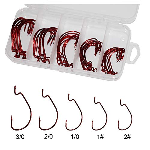 50Pcs Offset Fishing Hooks Worm Hooks Black High Carbon Steel Senko Bait Fishing Hooks 5 Sizes 4/0 3/0 2/0 1/0 1# #TOP2