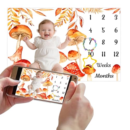 Image of Mushroom Theme Baby Monthly Milestone Blanket, Soft Flannel Watercolor Spring Tropical Eucalyptus Leaves Botanical Photography Prop Newborn Baby Shower Age Growth Tracker (Orange, 48x48in)