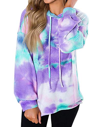 Womens Tie Dye Waffle Knit Long Sleeve Shirts Hooded Puff Loose Tops Sweatshirts Drawstring Purple