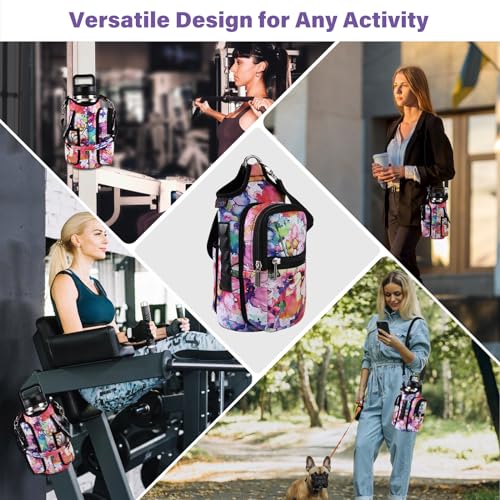 Image of icolor Magnetic Water Bottle Holder Gym Bottle Carrier Bag with Phone Pockets & Gym Accessories Organizer for Men Women,5 Magnets Gym Phone Bag Pouch Sleeve with handle Shoulder Strap (Color-Flower)