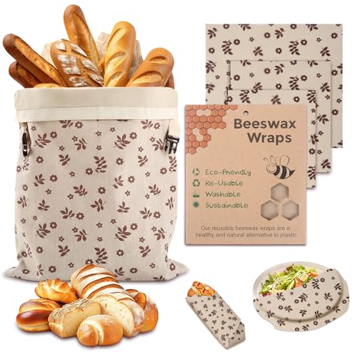 Reusable Beeswax Bread Bags&Beeswax Wraps for Food, Organic Bread bags Reusable to Keep Fresh,Sustainable, Biodegradable Homemade Washable Food Wraps, Must-Have Baking Accessories