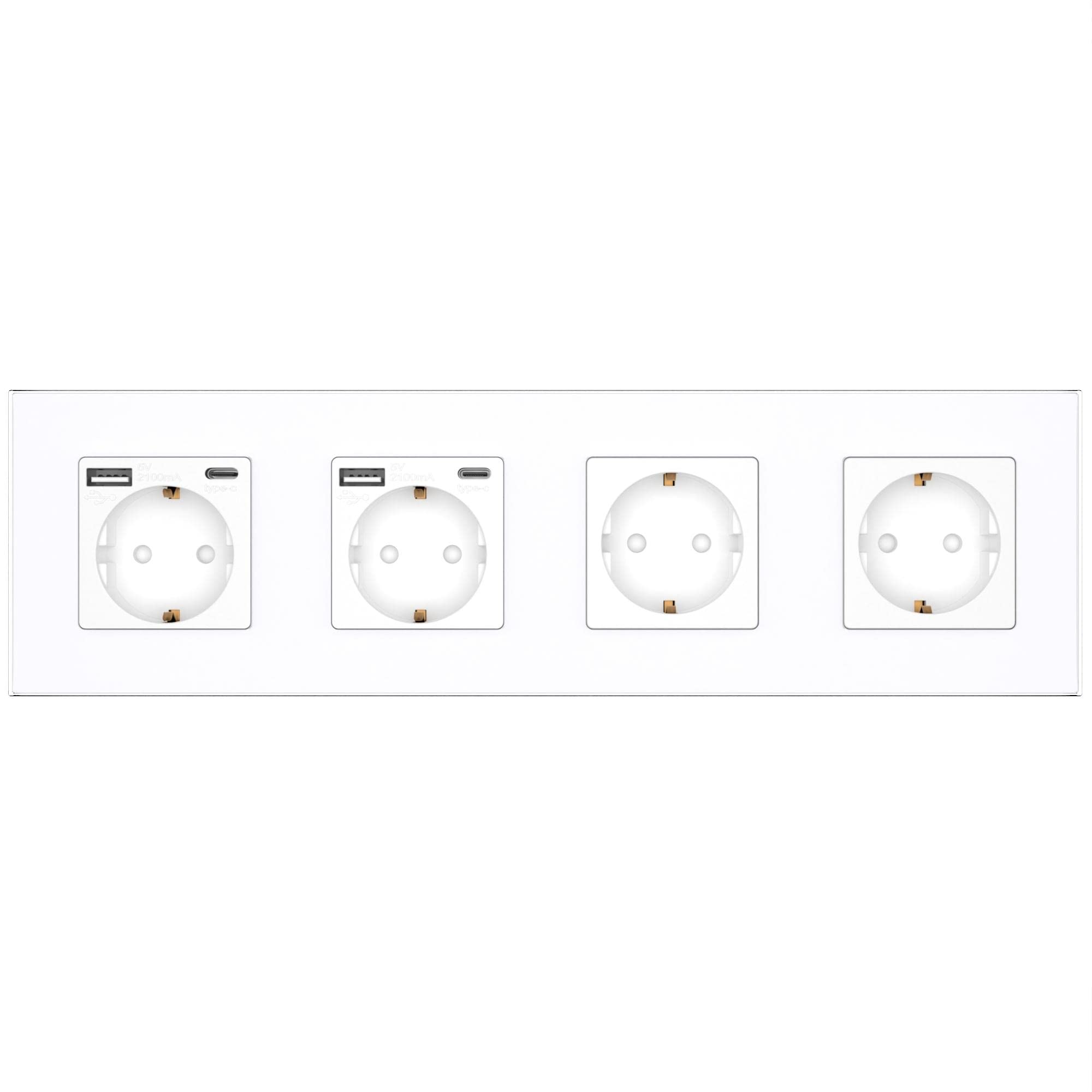 PULSAR Steckdose Unterputz mit USB-C, A 4-Fach Weiß Glas - Dose mit 20W Schnellladegerät 16A mit Kindersicherung 299x86mm