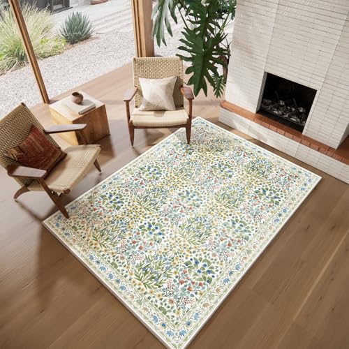 Image of Light Green 5x7 Area Rug - Vintage Floral Washable Bedroom Rug for Living Room, Nursery, Dining Room - Low Pile, Non-Slip, Stain Resistant, Retro Indoor Floor Rug