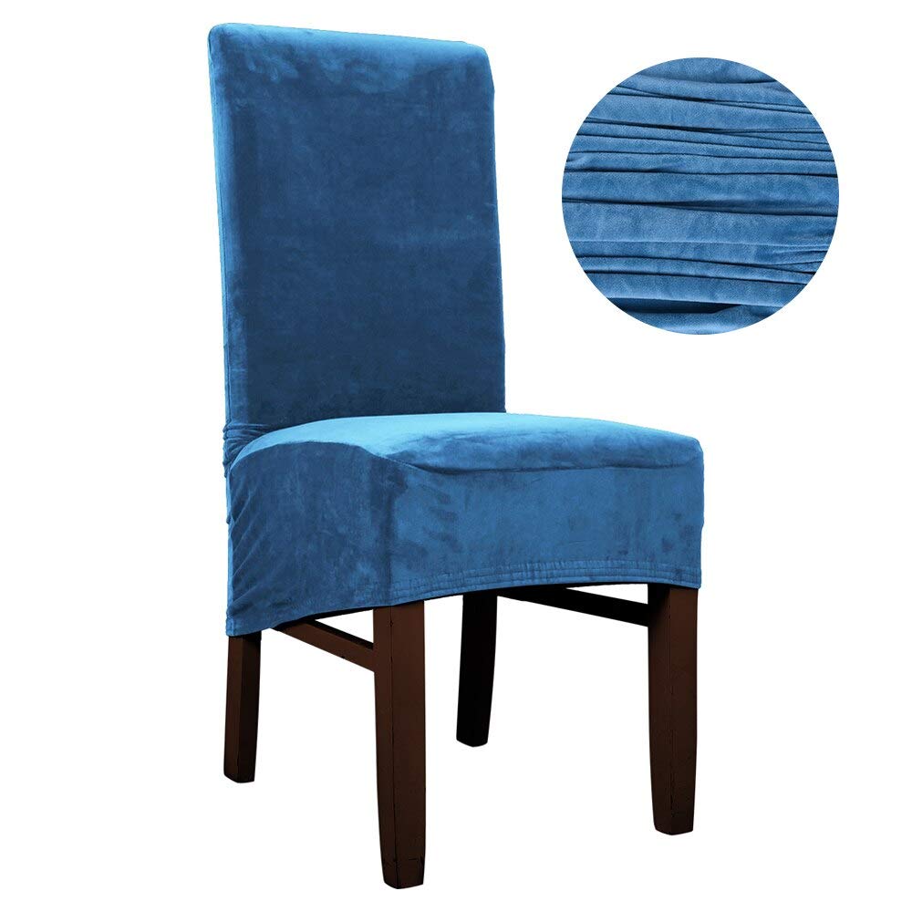 Housse de chaise velours bleu lot de 4 pour dossier haut et tabouret