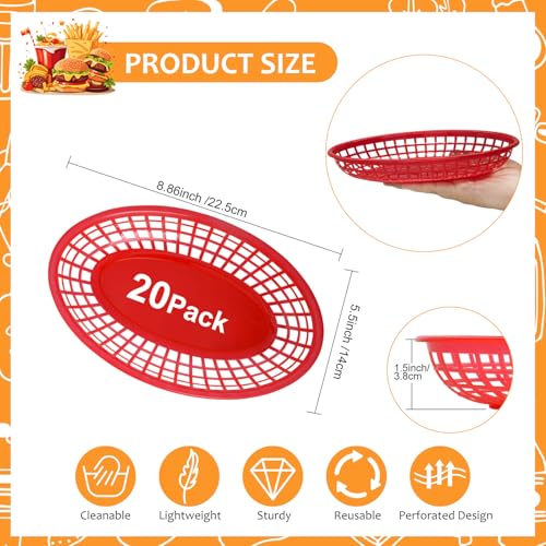 MEOTAKILE 20 Pack Plastic Fast Food Baskets, 8.8\" × 5.5\" Small Oval Restaurant Serving Baskets Tray for Burgers, Sandwiches, Hot Dogs, Parties, Food Trucks, Reusable or Disposable, Stackable(Red)