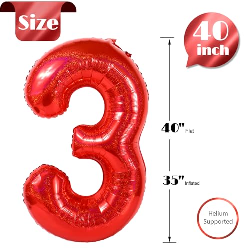 Image of Laser Red 3 Balloon, Number Balloons 40 Inch, 3rd Birthday Decorations Women Party Supplies for Party Decorations, Number 3 Balloon