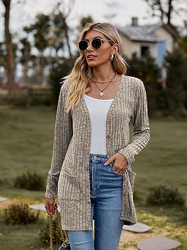 Famulily Damen Open Front Lange Strickjacken mit Taschen für Frauen Cosy Lose Open Front Pullover Mantel (M, Khaki)