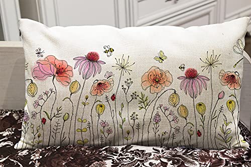 Wozukia Colorful Wildflowers Throw Pillow Cover 12X20 Inches With Butterflies Bees Dragonfly And Ladybugs Floral Border Cotton Linen Decorative Home Sofa Chair Car Lumbar Pillow Case Cushion Cover #TOP3