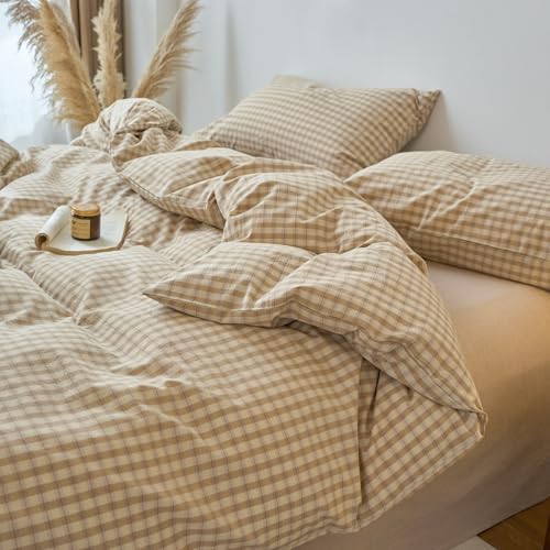 Image of EAVD Vintage Style Brown&Beige Plaid Duvet Cover Full Soft 100% Washed Cotton Chic Checkered Gingham Bedding Set with 2 Pillowcases Farmhouse Brown Gingham Duvet Cover with Zipper Closure