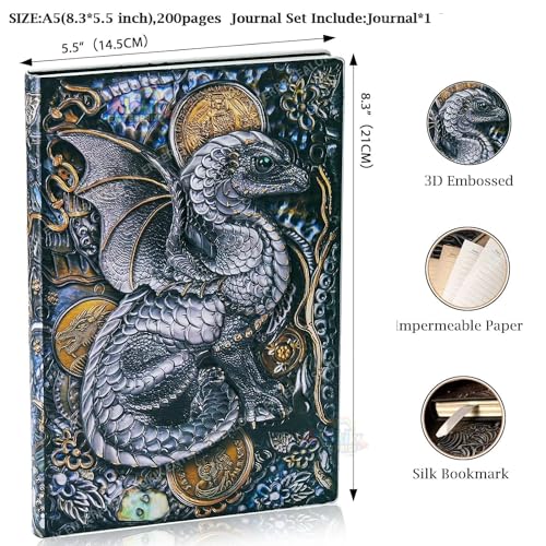 Image of MANAKI 3D Vintage Dragon DND Journal Writing Notebook,3D Dragon Embossed Leather Notebook Travel Journal With 200 Pages A5 Journal Diary Writing Valentines Anniversary Birthday Gifts for Men Women