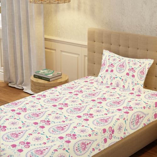 Image of Urban Space Serene 200 TC 100% Cotton Floral Bedsheet For Single Bed With 1 Pillow Cover, Single Bedsheet (Persian-Courtyard Pink, Size 58 X 90 Inches)