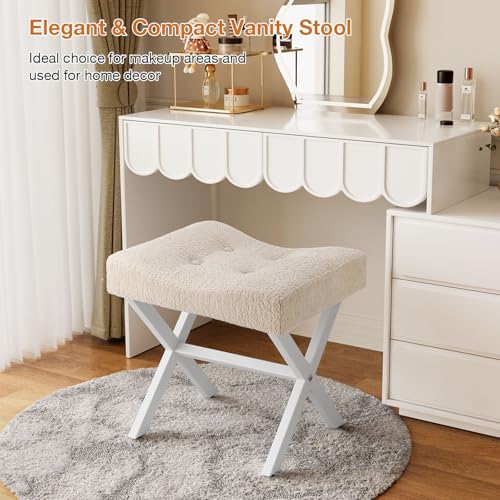 Image of Memobarco 18-Inch Large Vanity Stool Chair, Vanity Bench with Metal X-Legs, Ottoman Accent Stool with Breathable and Soft Boucle Fabric Saddle Seat, Beige