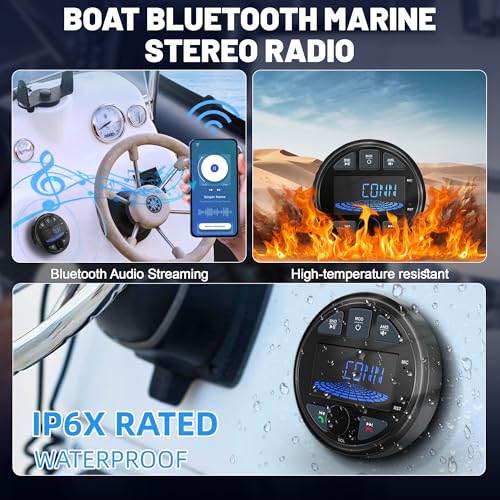 Image of 3 Inch Marine Radio Bluetooth Stereo Audio Waterproof Boat Radio FM AM USB | LEXXSON LCD Display Golf Cart Marine Stereo Receivers Audio Systems for RV UTV Yacht AUX Subwoofer Black