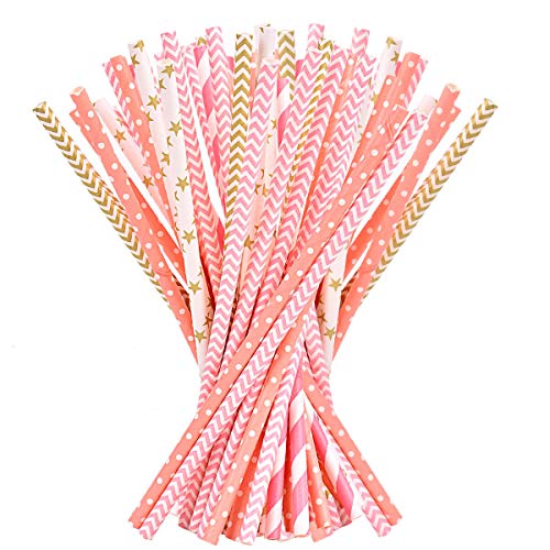 Paper Straws - 200-Pack Pink, Gold, and Peach Colored Fun Drinking Straws with Coral Stripes, Polka Dot, and Star Designs by Esdabem