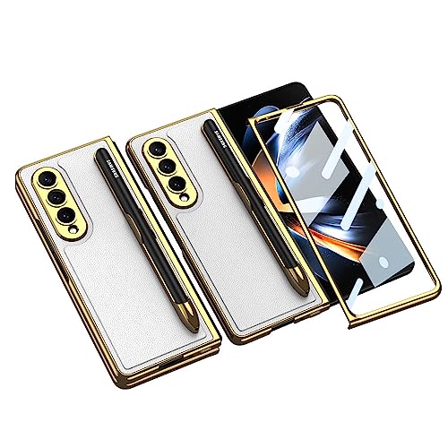 Coque Samsung Galaxy Z Fold 4 en cuir galvanisé blanc avec porte-stylo