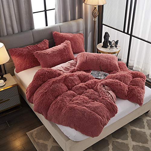 Werdim Shaggy Fluffy Faux Fur Duvet Cover Set Button Closure Velvety Bedding Set Comforter Cover With Pillowcase Salmon Coral, Twin Size #TOP1