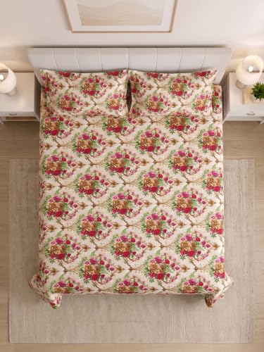 Image of Mafatlal 130 GSM Pearl Contemporary Double Bedsheet with 2 Pillow Covers | 90 x 100 Inches | Premium Printed Bedding | Smooth Hand Feel, Strong Stitching, Fade Guard, Easy Care Fabric | Beige-Pink