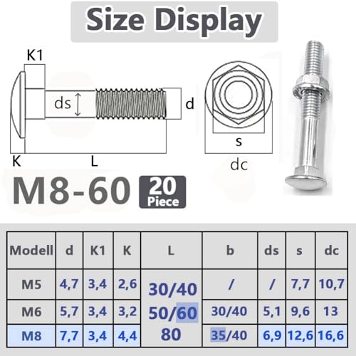 SHUNCHG M8 X 60mm Coach Bolts, Cup Square Carriage Bolt and Nut Pack of 20, M8 (8mm) X 60mm Coach Bolts with Hexagon Nuts - Image 2