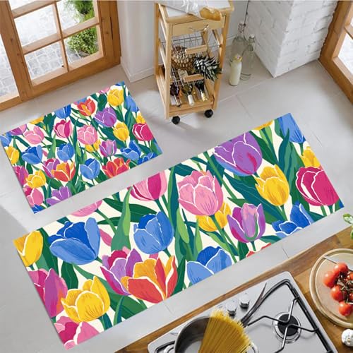 Alfombras de cocina de 50x80 y 50x150cm, set antideslizante de 2 piezas con diseño tulipán 2