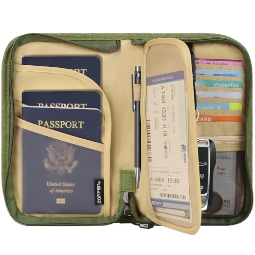 Image of ZOPPEN Passport Holder Family RFID Passport Wallet, Passport Holder Women /Men, Travel Wallet Documents Organizer Zipper Case with Removable Wristlet Strap, Travel Essentials for Flying, #06 Green, One