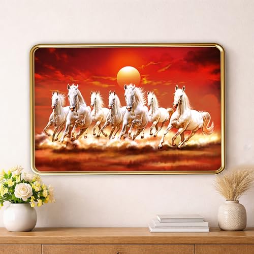 Image of XOPY Seven Running Horses with Golden Frame | Vastu 7 horses Raw Pyrite Painting for Home, Office & Living Room Wall Decore | 12X18 Inch Sparkle Laminated Frame | Best For Gifting (3064, 12X18)