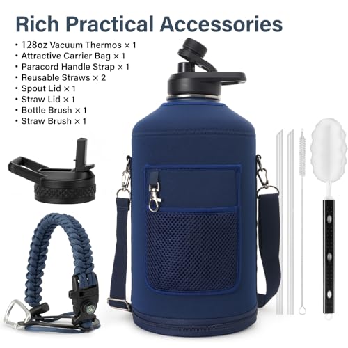 1 Gallon Water Bottle Insulated | Thickened Stainless Steel Vacuum Metal Water Jug | Portable Sports Large for Gym and Hiking with Straw, Carrier Bag, Handle Strap | BPA-Free 128 oz