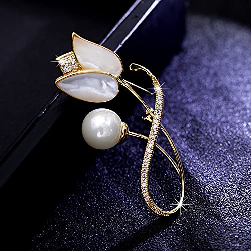 Image of 14K Gold Tulip Flower Brooch, Delicate Moissanite and Natural Freshwater Pearl Corsage,Perfect for Elegant Dressing