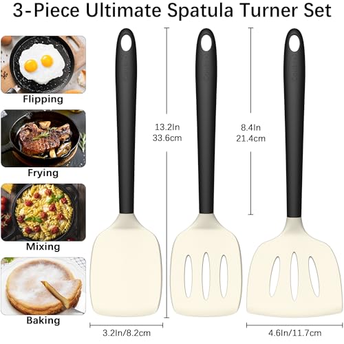 Image of Coukre 3 Pack Silicone Spatula Set, Heat Resistant to 500F, BPA-Free | Fish Spatula, Solid & Slotted Turners, Dishwasher Safe, Spatula Set for Eggs, Pancakes, Fish & Burgers, BeigeBlack