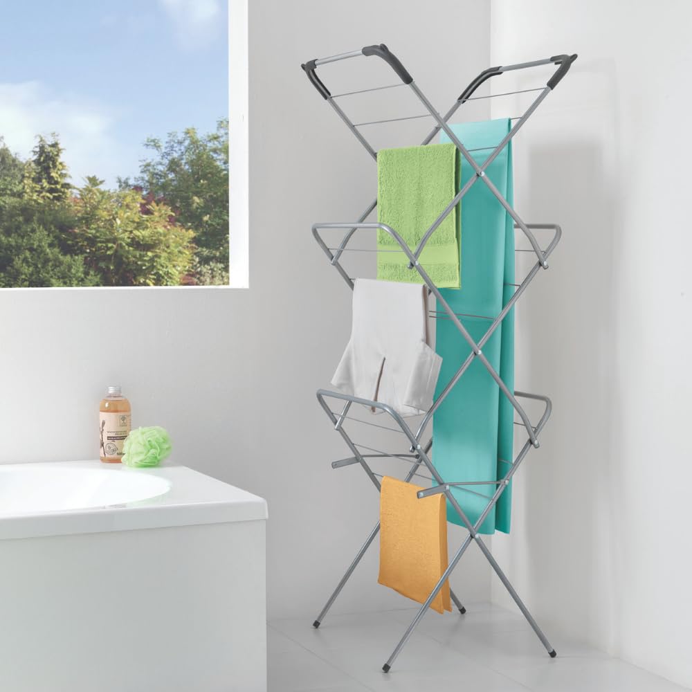 Metaltex 9,5 m extra schmales 3-Tier-Ziehharmonika Wäscheständer Wäschesack, Silber