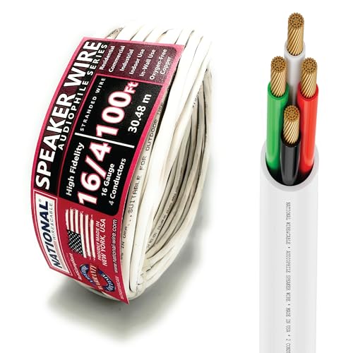 National Wire&Cables - 16/4 Audiophile Speaker Wire (100 Feet) 16AWG Gauge - Made in USA - in Wall Audio Speaker Wire Cable/CL Rated/ETL Listed / 2 Conductors - OFC Oxygen-Free Copper White 100ft