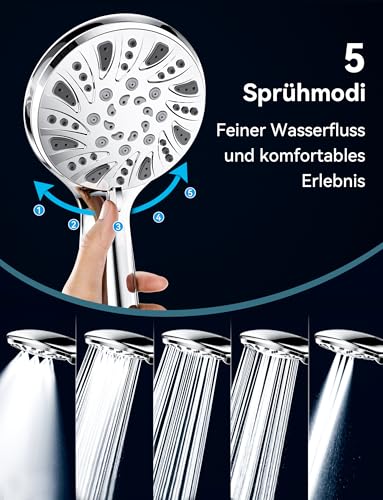 Magichome Duschkopf, Hochdruck Duschkopf Wassersparend 5 Strahlarten, Hochwertige Verchromung Handbrause Hochdruck Dusche Brausekopf Duschbrause (ohne Schlauch)