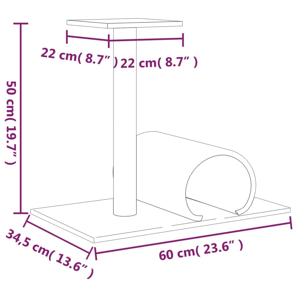 Tiragraffi con tunnel, 60 x 34,5 x 50 cm, per gatti, stabile torre da arrampicata con sisal, amaca e cavera, ideale per appartamento e balcone, legno resistente, facile da montare