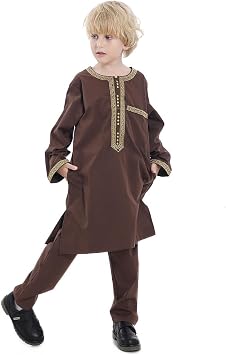 Boy Muslim Thobe Middle East Muslim Boys Robe Kids Abaya Kaftan Arab Islamic Prayer Clothing Brown,120cm