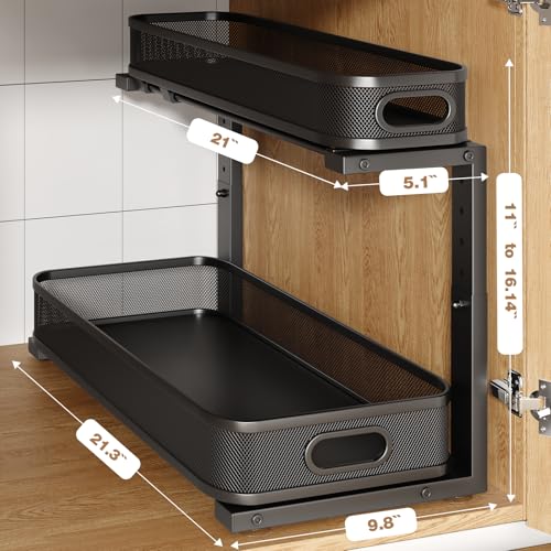 Image of 2 Pack 21.3IN-Depth Under Sink Organizer with Smooth Cylindrical Rail,2-Tier Pull Out Multi-Purpose Cabinet Storage for Bathroom&Kitchen,Height Adjustable,Rust-Resistant Coating-Black