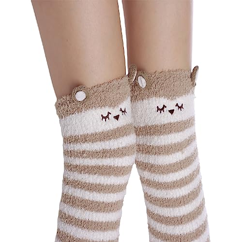 Image of Thigh High Fuzzy Socks Cute Animal Coral Fleece Over the Knee Thigh High Long Stockings Warm Stripe