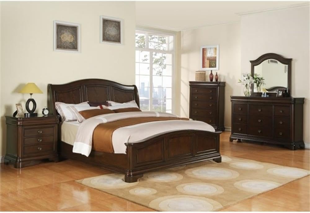 BOWERY HILL 4 Piece King Bedroom Set, Birch Veneers and Solid Wood, Cherry Finish, Includes Sleigh Bed, 12-Drawer Dresser with Mirror, 4-Drawer Nightstand, Traditional Louis Philippe Design